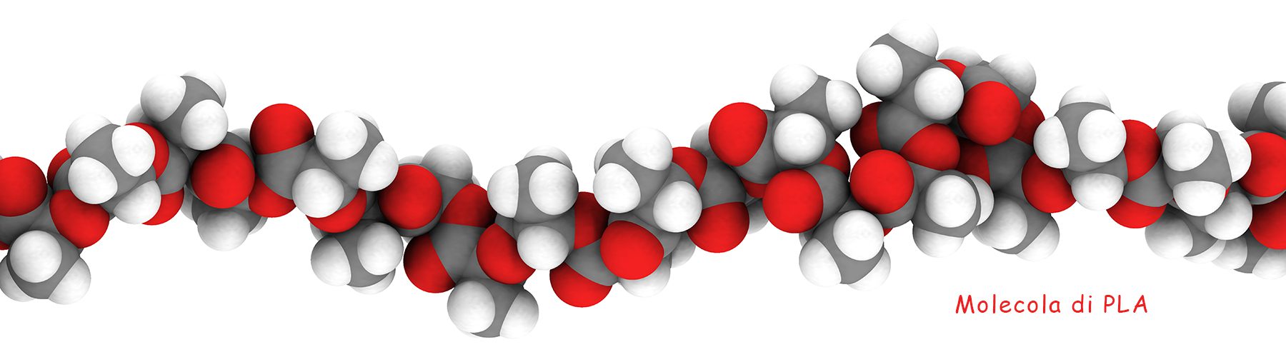 Polylactic acid (PLA, polylactide) bioplastic, chemical structure - linear fragment (detail). Compostable polymer used in medical implants, packaging materials, etc. Atoms are represented as spheres with conventional color coding: hydrogen (white), carbon (grey), oxygen (red)